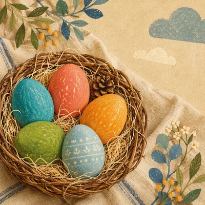 Colorful Easter Eggs in Rustic Spring Basket