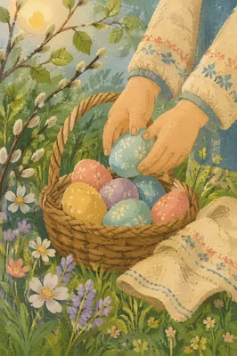 Colorful Easter Basket in Spring Garden