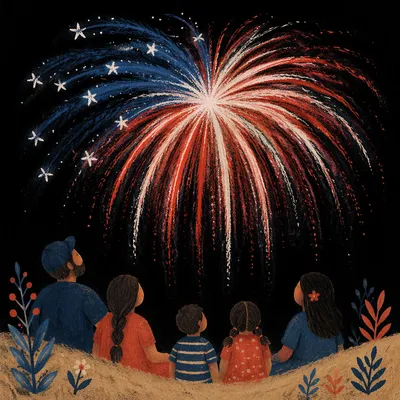 Patriotic Fireworks Burst in Summer Night