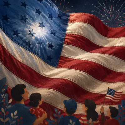 Patriotic Fireworks Glow Behind American Banner