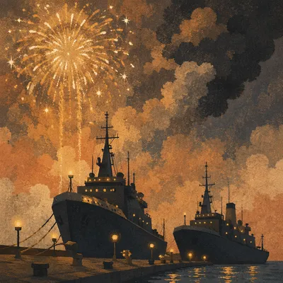 Golden Fireworks Over Harbor at Night