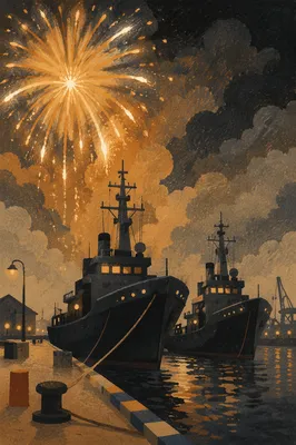 Golden Fireworks Over Harbor at Night