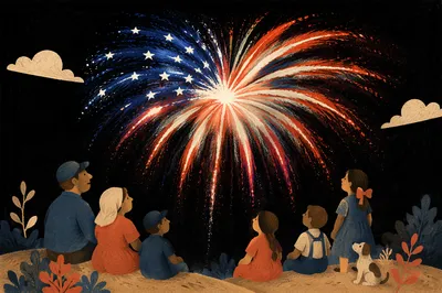 Patriotic Fireworks Burst in Summer Night