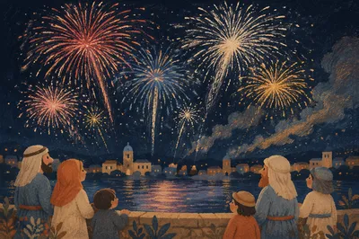 Fourth of July Fireworks Over Waterfront
