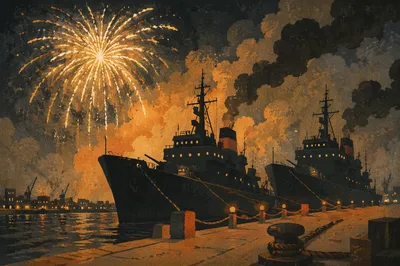 Golden Fireworks Over Harbor at Night