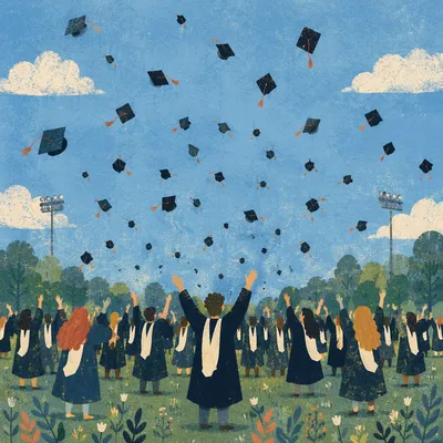 Joyful Graduation Caps Flying Over Campus