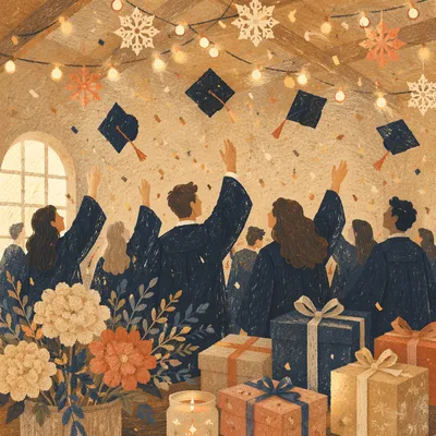 Holiday Graduation Cap Celebration Under Warm Lights