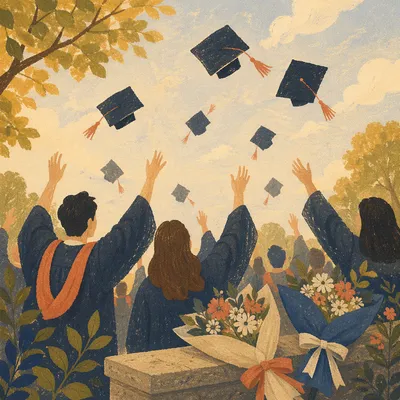 Graduation Caps Tossed in Golden Courtyard