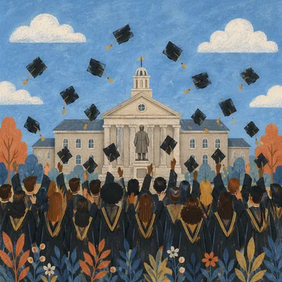 Graduation Cap Celebration in University Courtyard