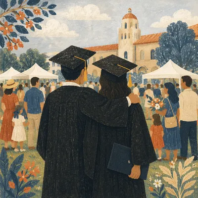 Graduates Celebrating Together on Campus Lawn