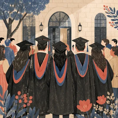 Graduates Celebrating Outside Modern Campus Hall