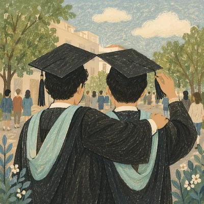 Graduates Celebrating with Caps and Aqua Hoods