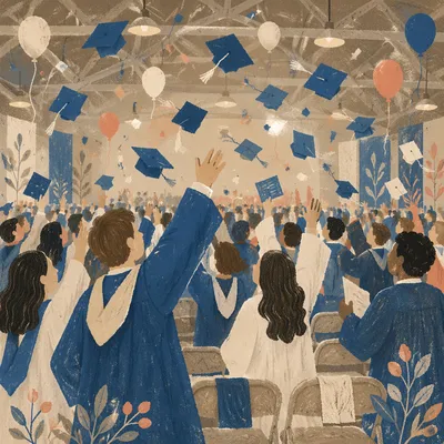 Joyful Blue Graduation Cap Toss Ceremony