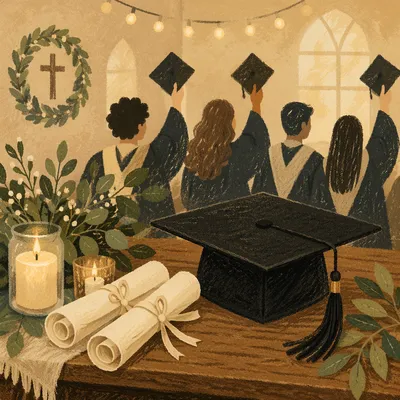 Church Graduation Caps with Warm Holiday Lights