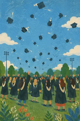 Joyful Graduation Caps Flying Over Campus Lawn