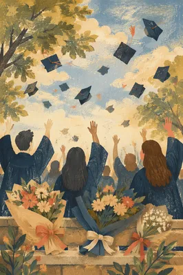 Graduation Caps Tossed in Sunlit Courtyard