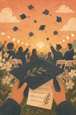 Golden Hour Graduation Caps in Garden Courtyard