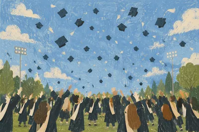 Joyful Graduation Caps Flying Over Campus