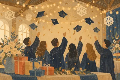 Holiday Graduation Cap Celebration Under String Lights