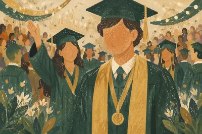 Graduation Ceremony Celebration in Green and Gold