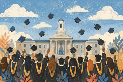 Graduation Cap Celebration in University Courtyard