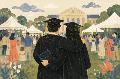 Graduates Celebrating Together on Campus Lawn