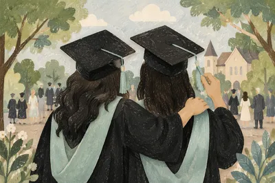 Graduates Celebrating with Caps and Aqua Hoods