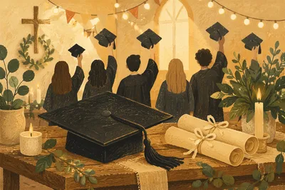 Church Graduation Caps Under Warm Holiday Lights