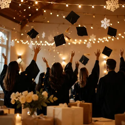 Holiday Graduation Caps Under Warm Lights