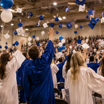 Joyful Blue Graduation Cap Toss Celebration