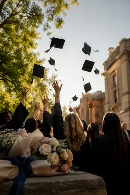 Graduation Caps Tossed in Golden Courtyard