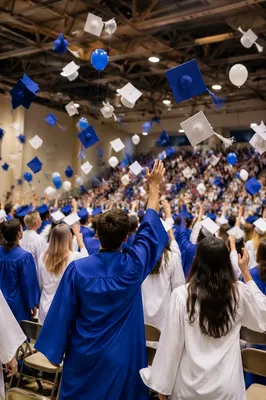 Joyful Blue Gown Graduation Cap Toss