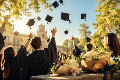 Graduation Caps Tossed in Golden Courtyard