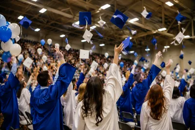 Joyful Blue Graduation Cap Toss Ceremony