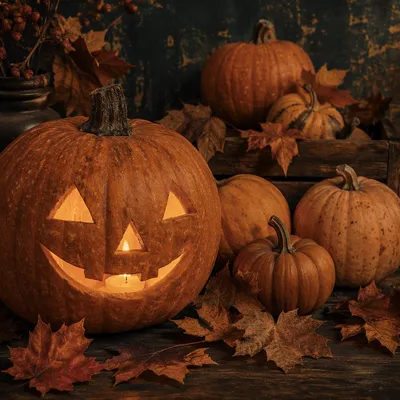 Glowing Jack O Lantern Among Autumn Pumpkins