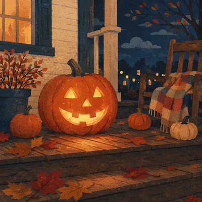 Glowing Jack O Lantern on Autumn Porch