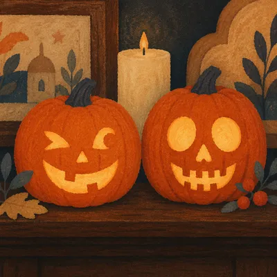 Glowing Carved Pumpkins on Dark Mantel