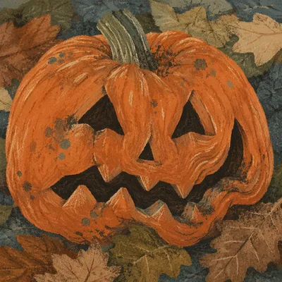 Weathered Carved Pumpkin on Autumn Leaves