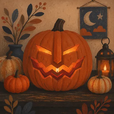 Glowing Carved Halloween Pumpkin Close-Up