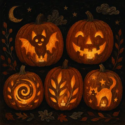 Glowing Handmade Jack O Lanterns at Night