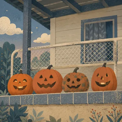 Carved Halloween Pumpkins on Porch at Dusk
