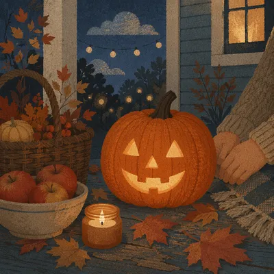 Friendly Candlelit Jack-o-Lantern on Autumn Porch