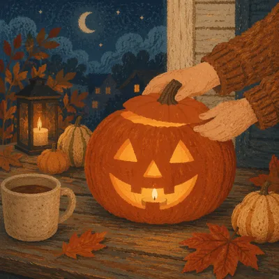 Warm Jack O Lantern on Autumn Porch