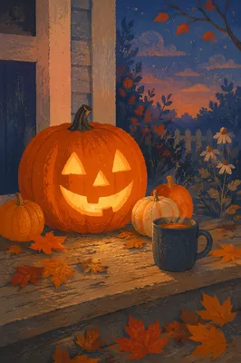 Glowing Jack O Lantern on Autumn Porch