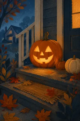 Glowing Jack O Lantern on Autumn Porch