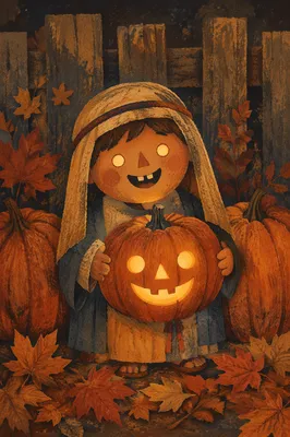 Glowing Jack-o-Lantern Autumn Evening Still Life