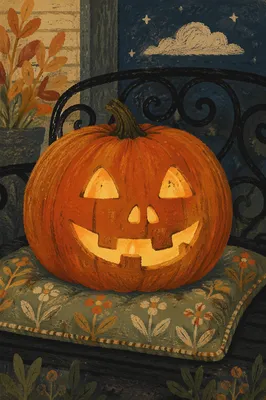 Hand Carved Pumpkin Lantern on Porch Bench