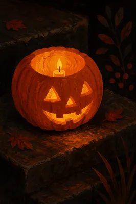 Glowing Jack O Lantern on Stone Steps