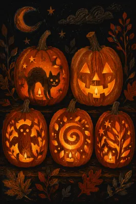 Glowing Carved Pumpkins at Night