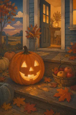 Cozy Carved Pumpkin on Autumn Porch
